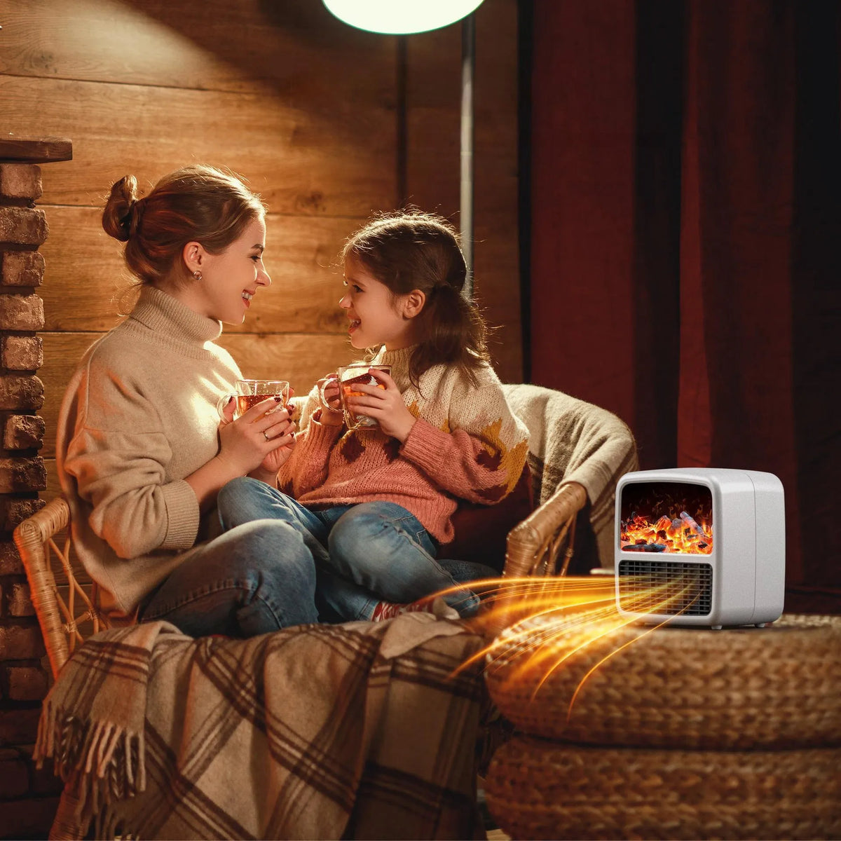 Black desktop ceramic electric space heater with LED flame effect and mechanical controls