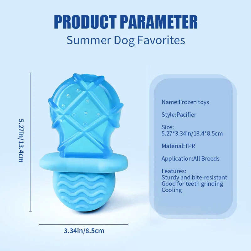 Set of three water-filled ice dog cooling toys including pacifier, popsicle mould, and ring shapes