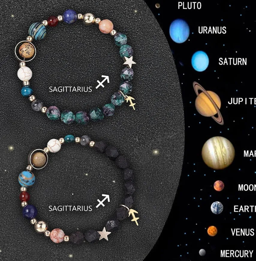 Set of two natural stone beaded bracelets showing different zodiac sign styles