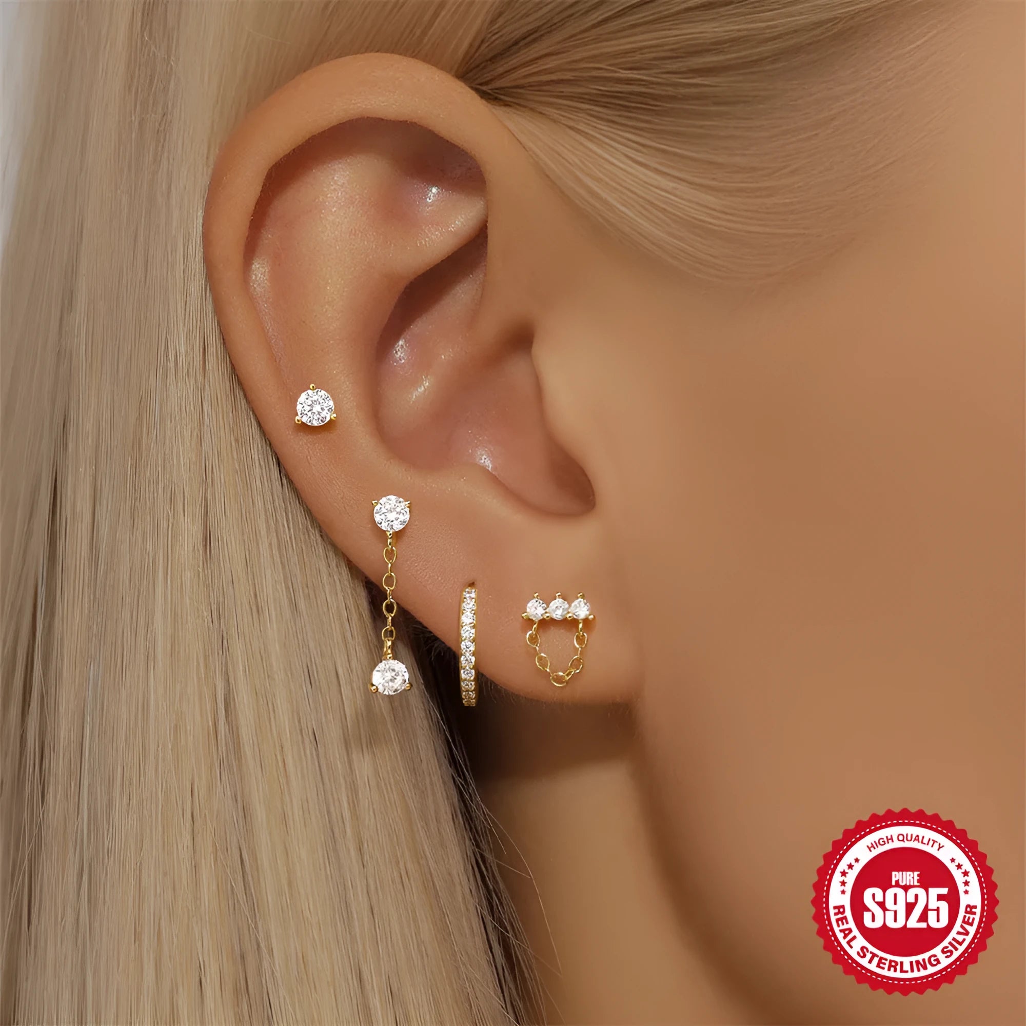 S925 sterling silver geometric petal earrings with gold tone electroplated finish for women