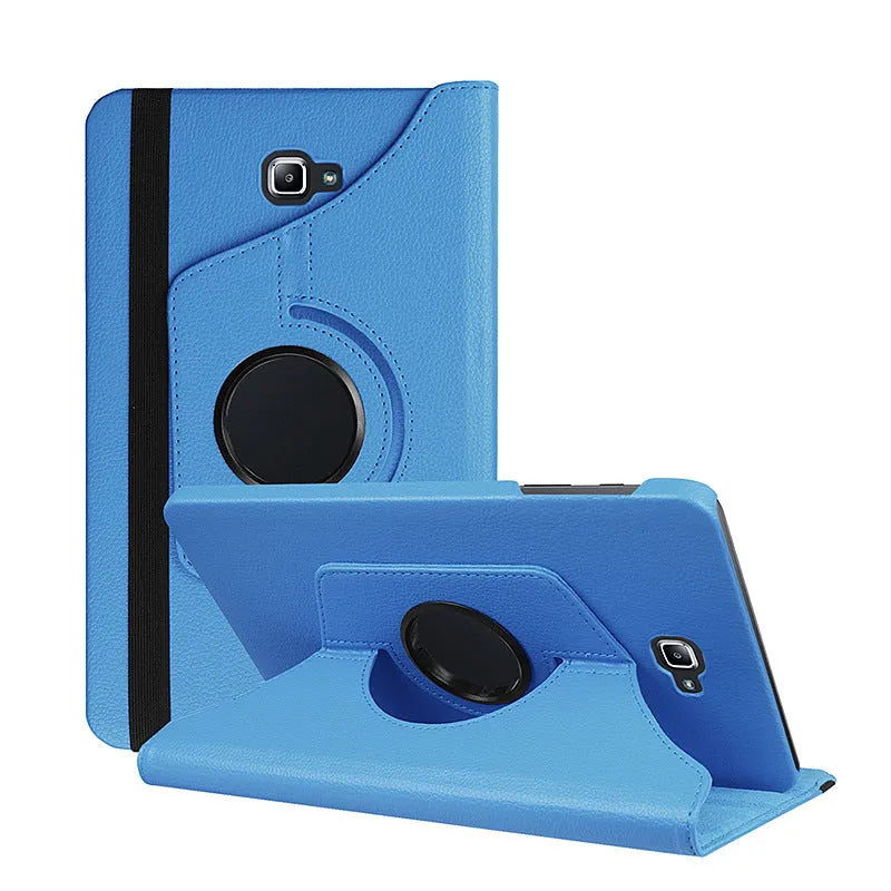 Rotating leather clamshell case for iPad 1 tablet in multiple colour options on a desk.
