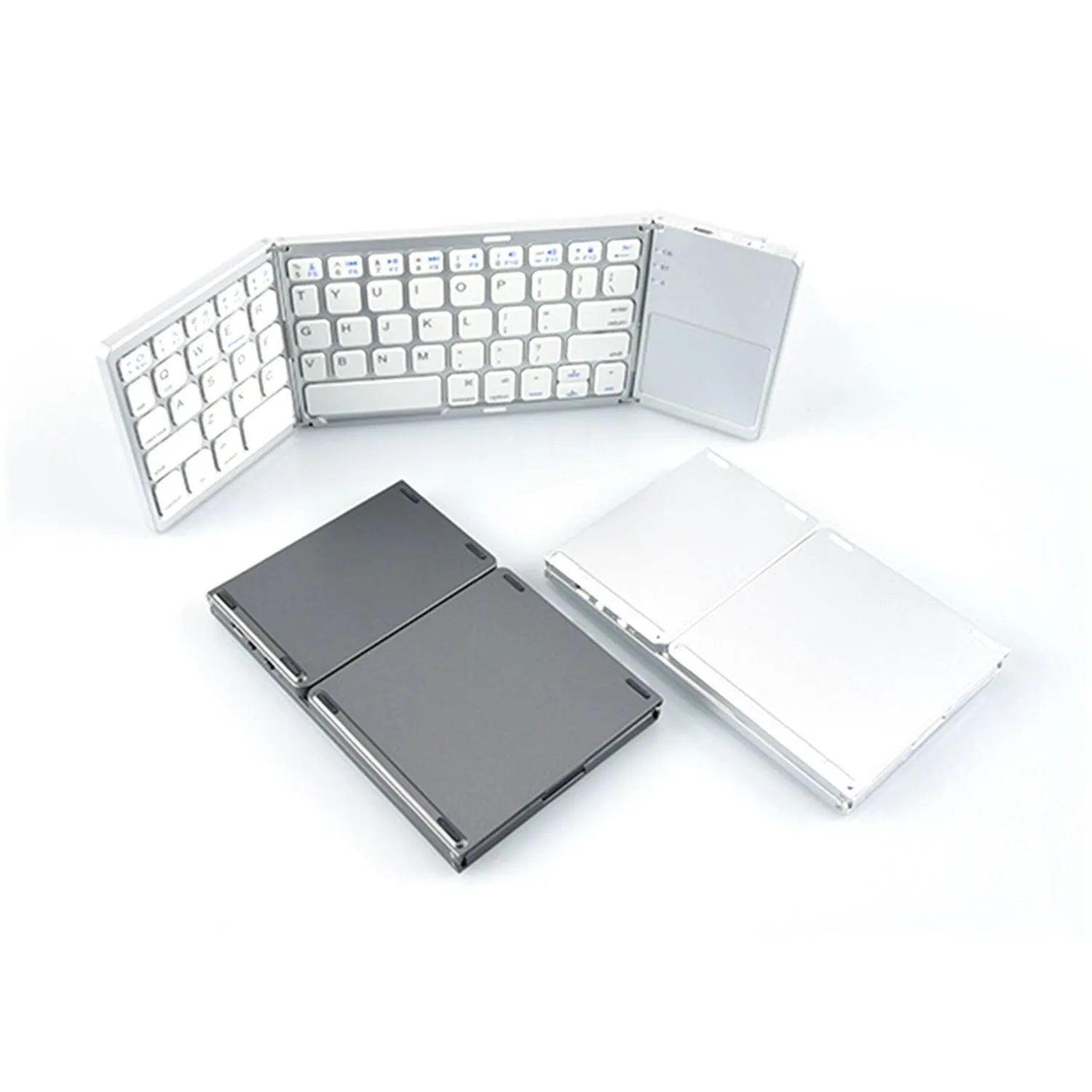 Black tri-fold Bluetooth keyboard shown folded and unfolded next to a smartphone