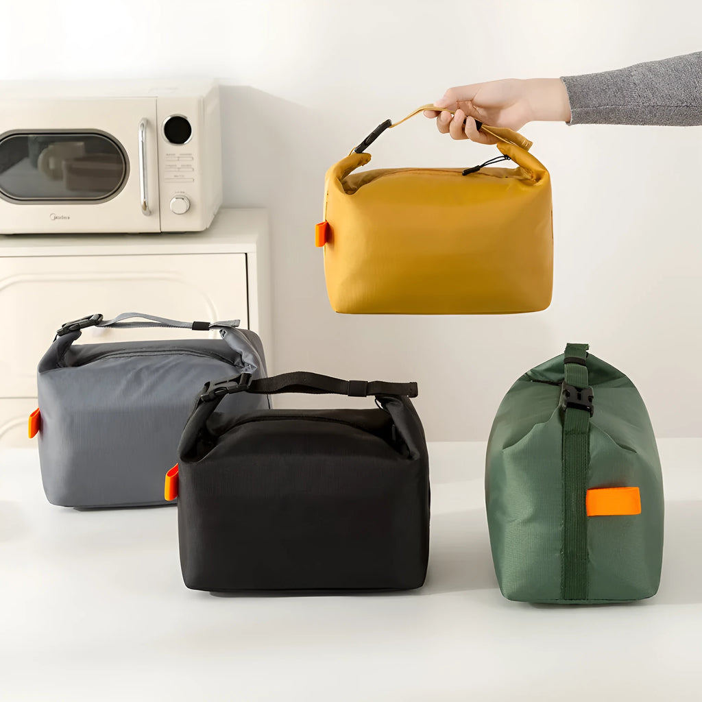 Japanese style insulated lunch bag in Oxford cloth, shown with Army Green, Black, Gray, and Yellow colour options.