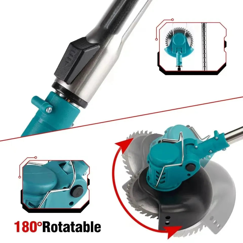 Folding lithium electric lawn mower with three blades, telescopic handle, and 110mm circular blade on wheels