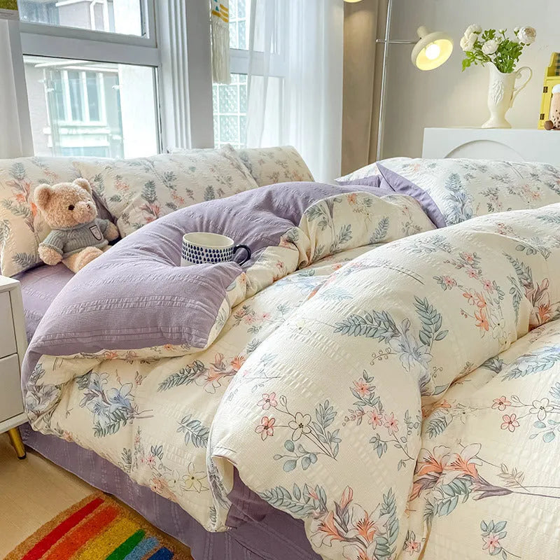Aerobic jacquard cloud yarn chemical fibre bedding set in multiple colours and sizes, including sheet, pillowcases, and quilt cover.