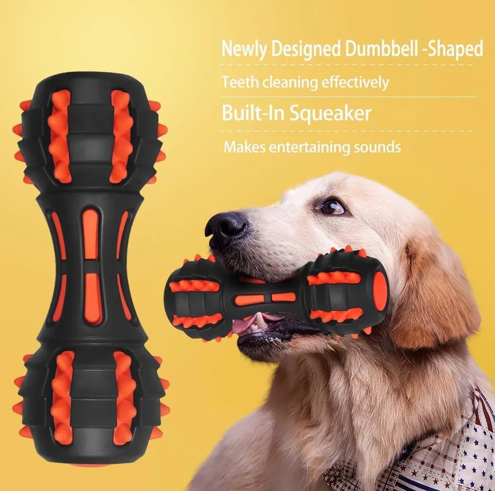 Red rubber dumbbell dog chew toy for aggressive chewers with dimensions 175x70x70mm