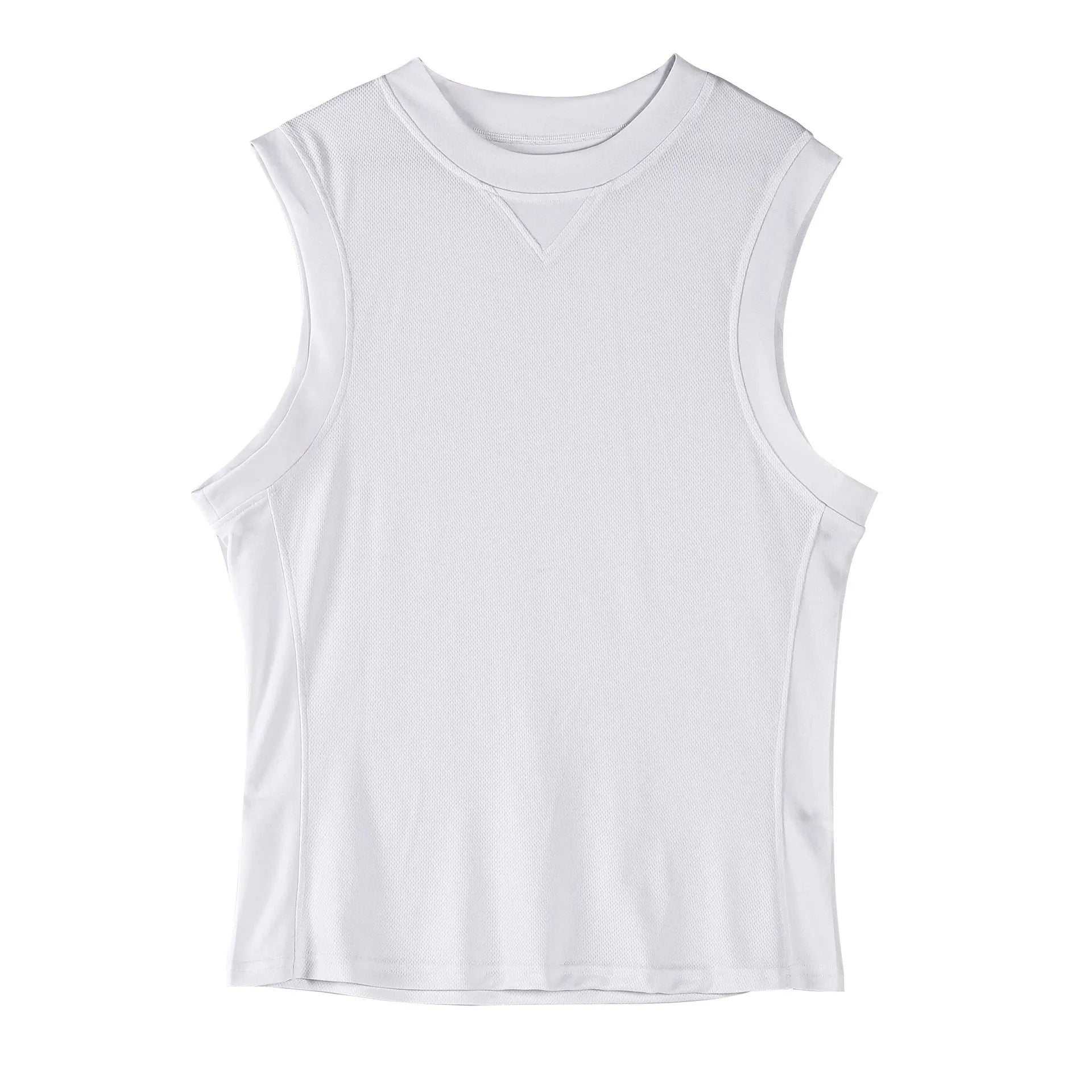 Men's loose fit sports vest in white or black, made from soft polyester blend fabric.