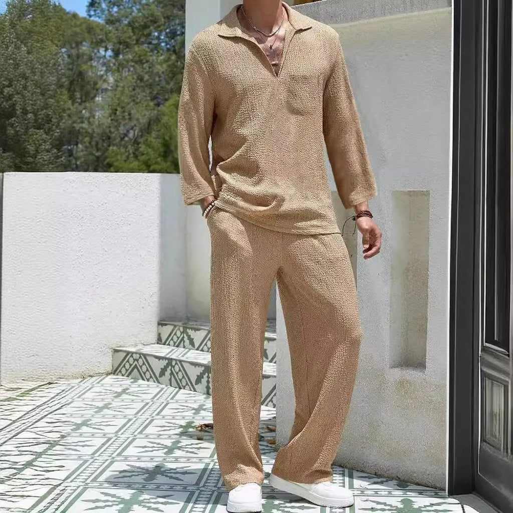 Men's casual shirt trousers commuter suit set in polyester fabric with four colour options