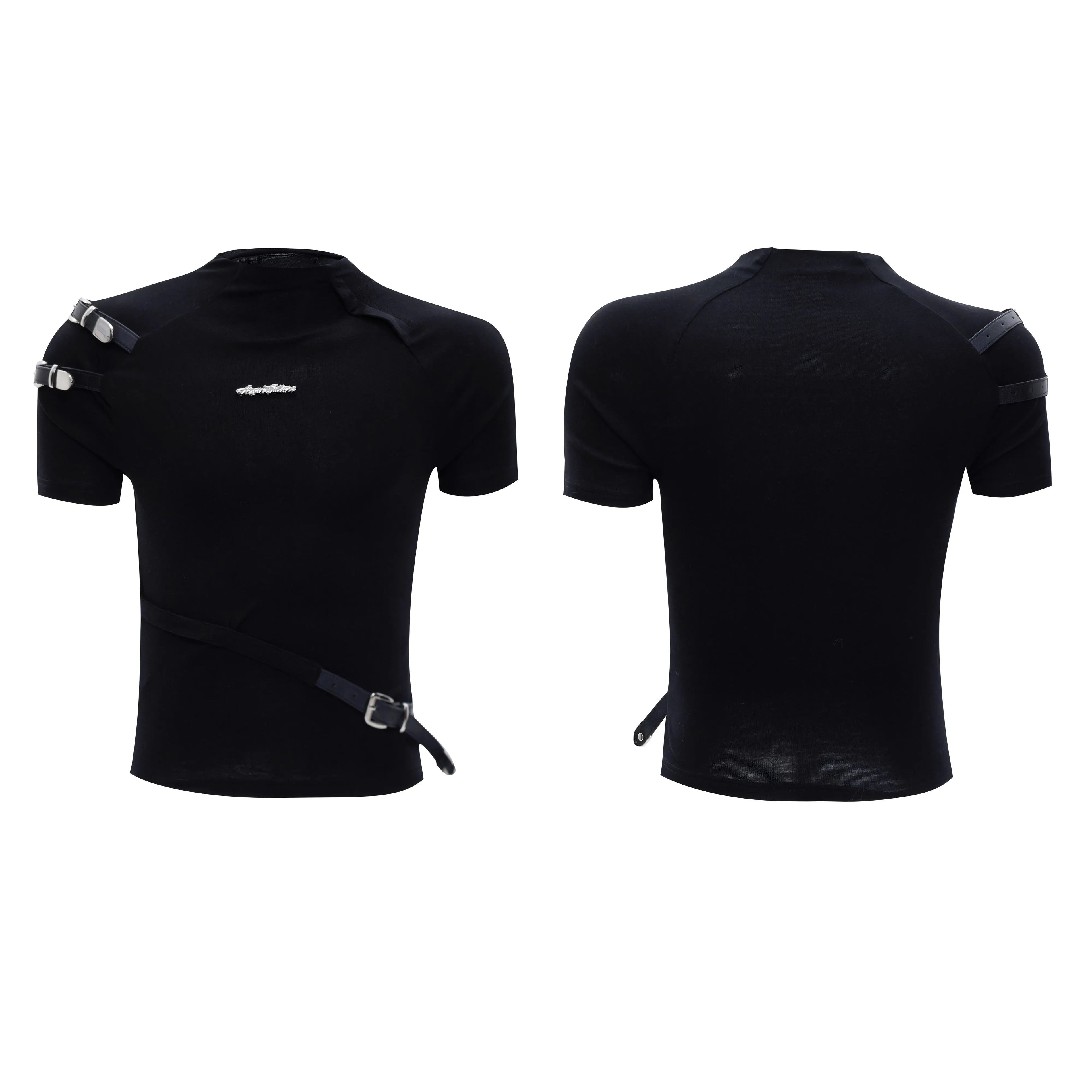 Men's black cotton T-shirt with metal belt design detail and slim fit tailoring