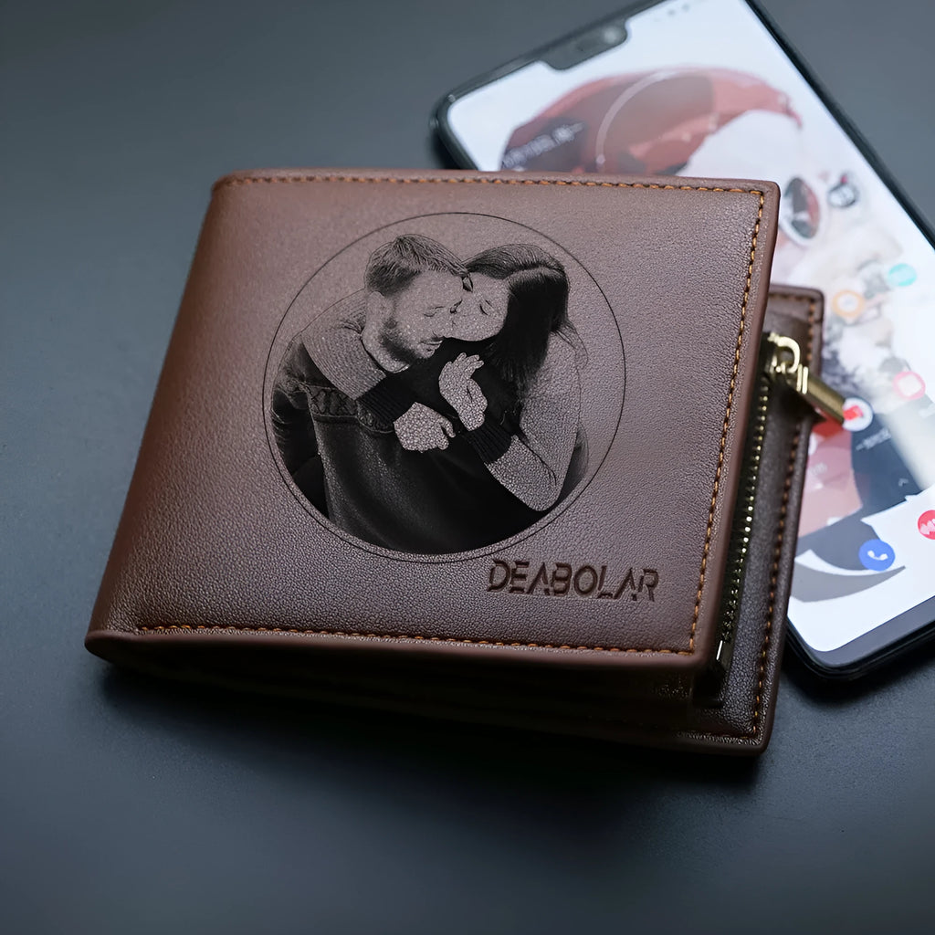 Brown genuine leather men's wallet with zipper closure showing seven organisational compartments