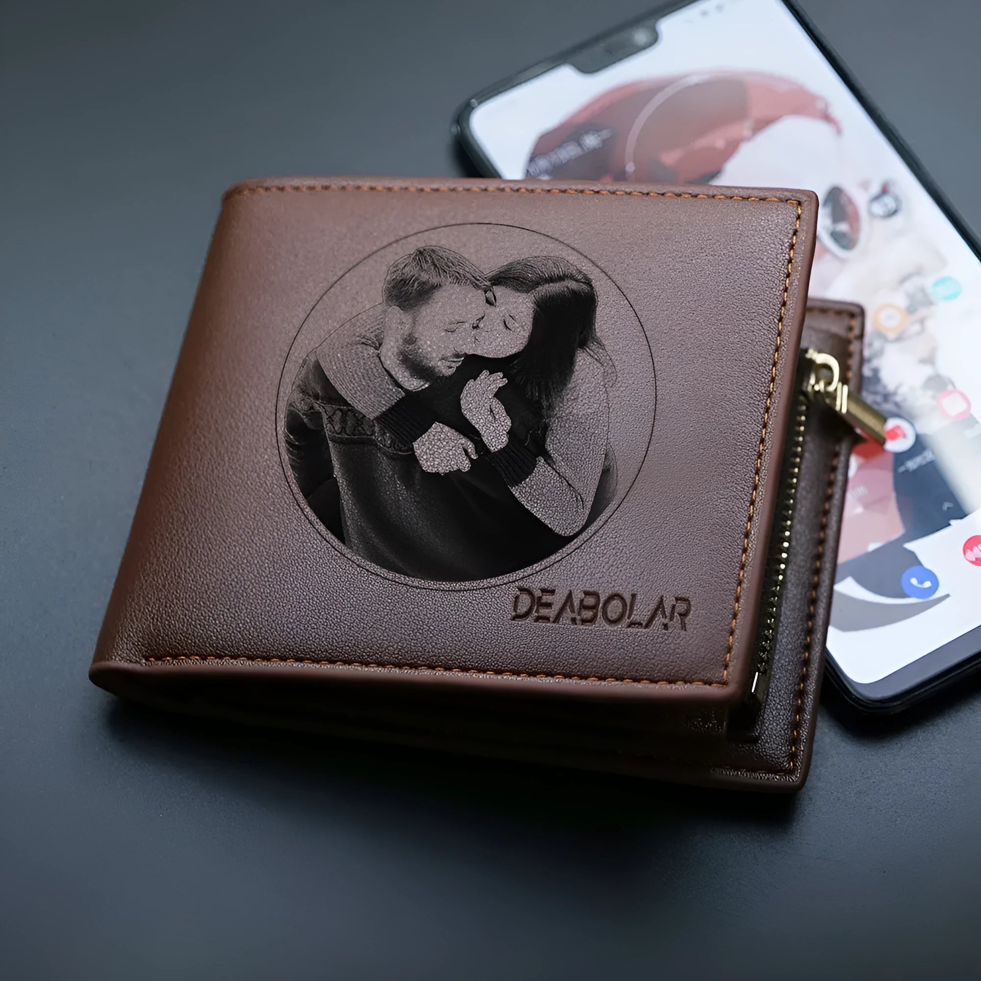 Brown genuine leather men's wallet with zipper closure showing seven organisational compartments