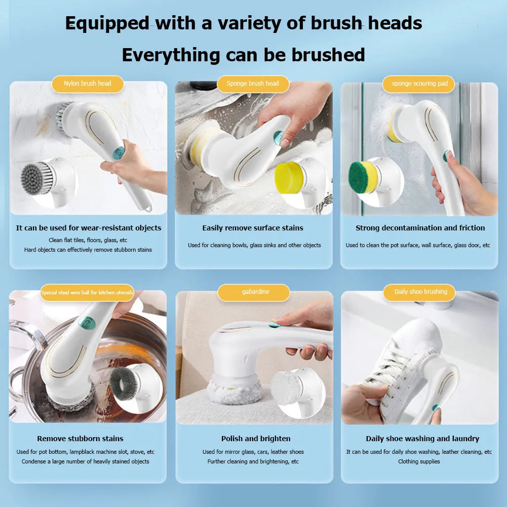 White cordless electric scrubber with five interchangeable brush heads on a kitchen counter