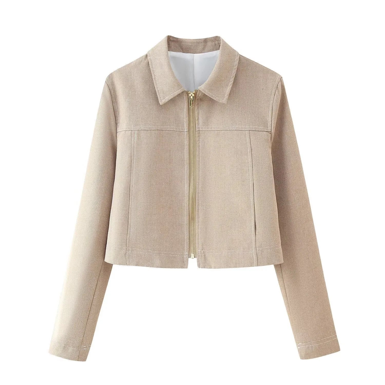 Women's herringbone pattern two-piece suit with embroidered jacket and straight-leg trousers