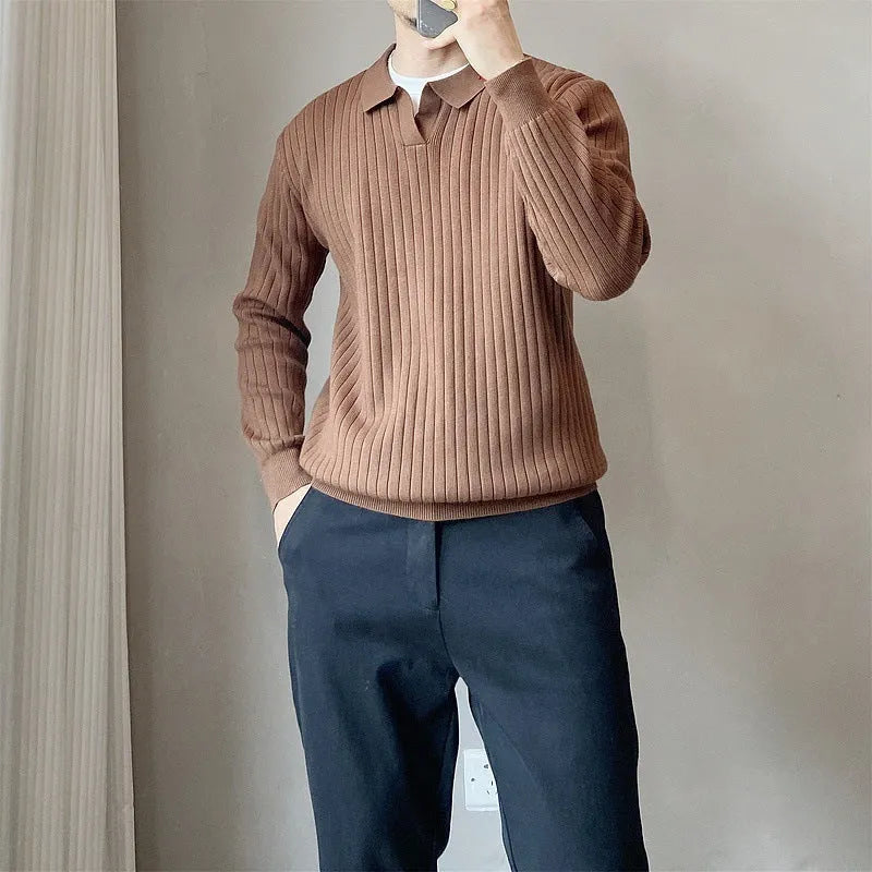 A boys' loose striped pullover sweater with a lapel collar, shown in a light grey colour.