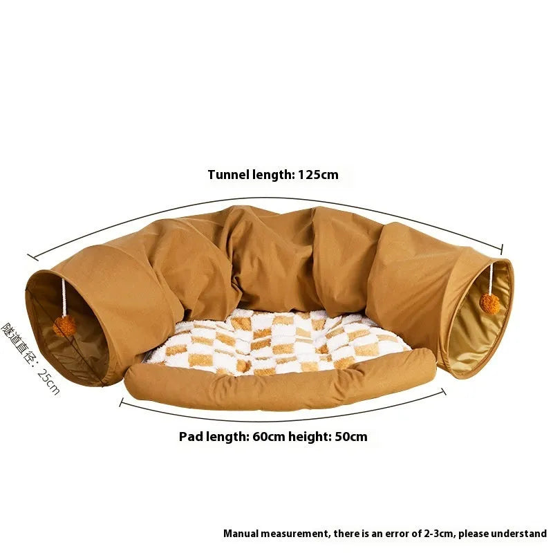 Cloth cat nest pet bed in khaki, grey or British Plaid with boredom toy facility