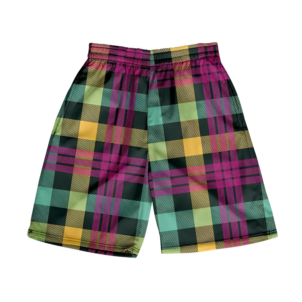 Man wearing plaid patterned casual shorts with an elastic waistband, straight legs, and a digital print design.