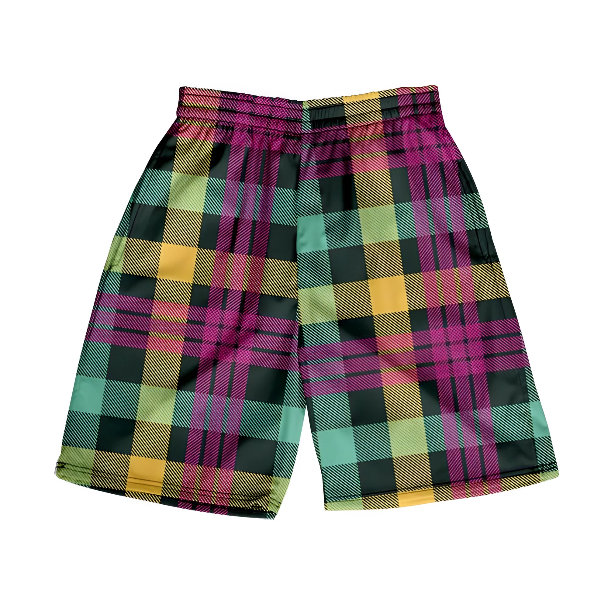 Man wearing plaid patterned casual shorts with an elastic waistband, straight legs, and a digital print design.