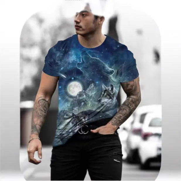 Retro 3D animal graphic printed on a man's thin, light grey short-sleeved T-shirt.