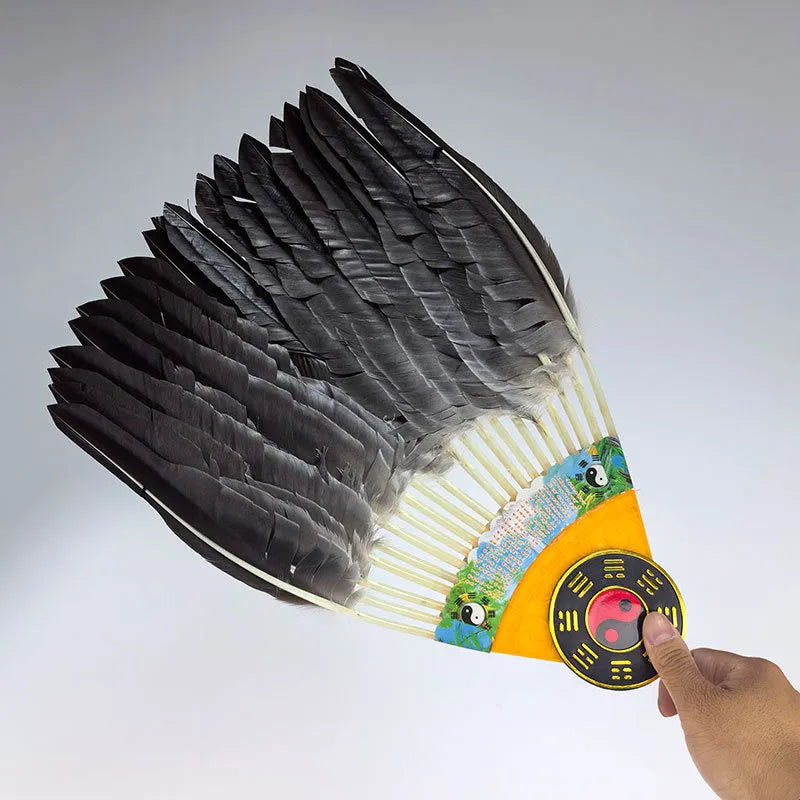 Handmade Chinese craft fan with goose feather and integrated lens fan, graphic colour pattern