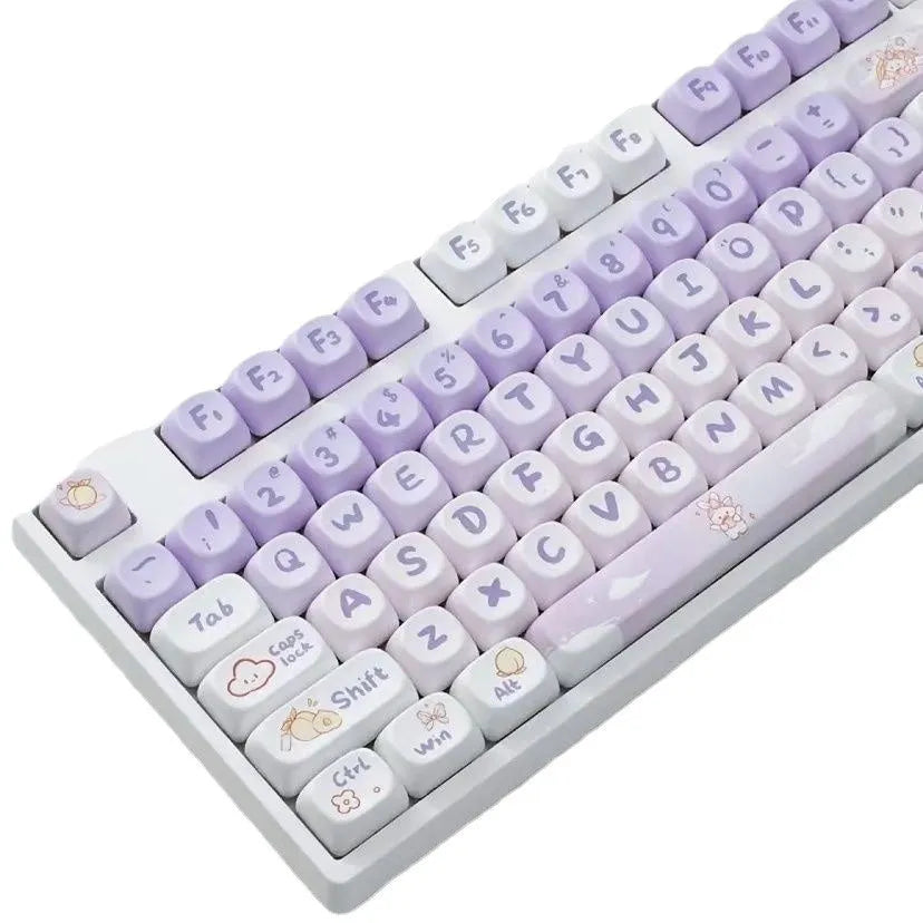 PBT plastic keycap set showing gradient purple colour and detailed rabbit themed designs for mechanical keyboards.
