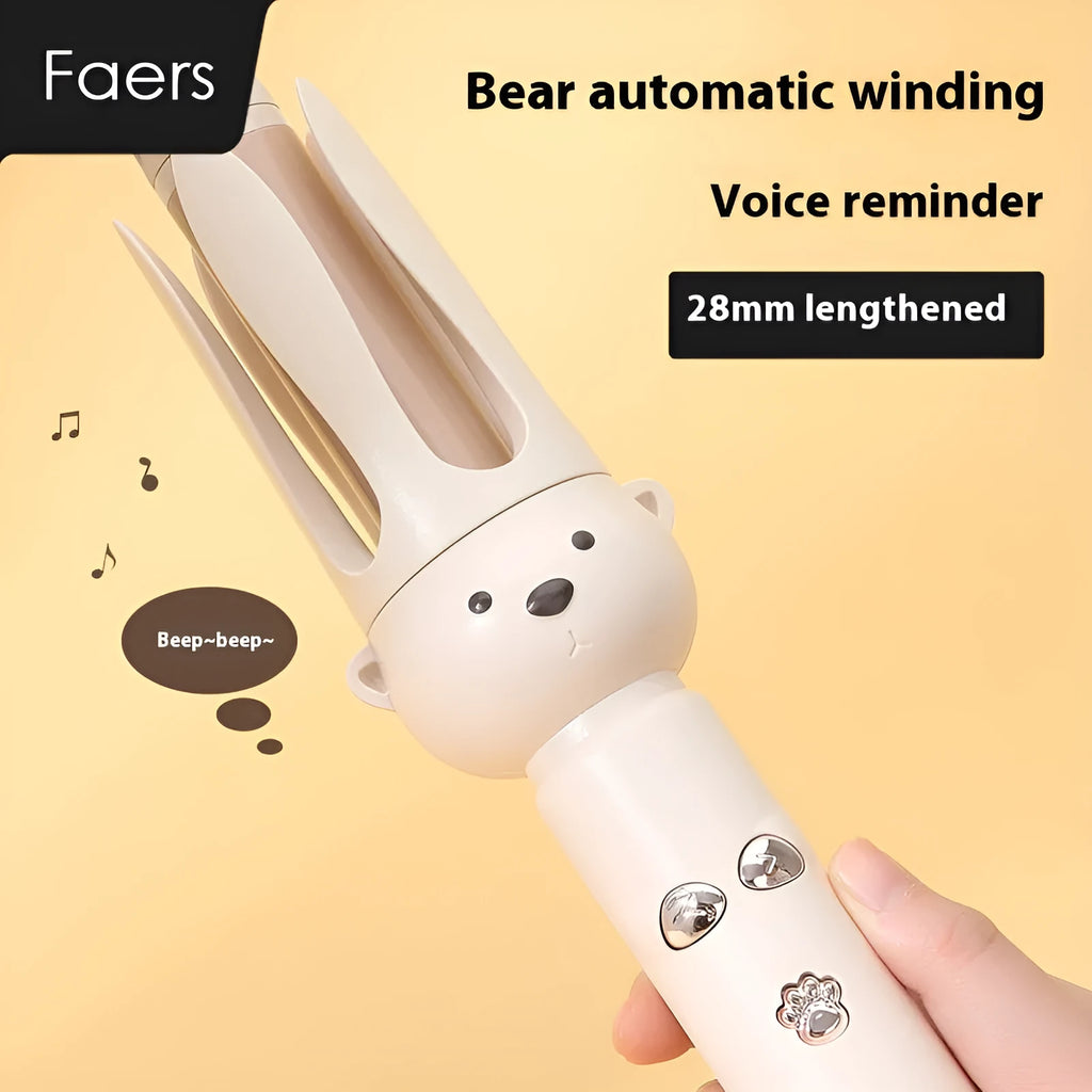 Beige anion automatic hair curler with rotating ceramic barrel on stand