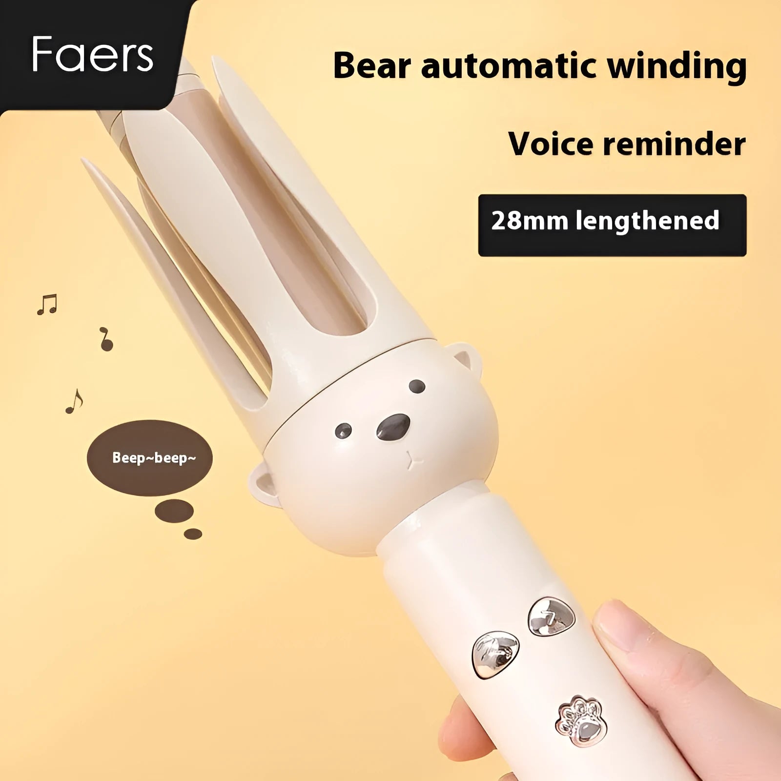 Beige anion automatic hair curler with rotating ceramic barrel on stand