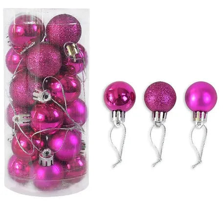 Small 3cm diameter shiny matte plastic Christmas bauble in assorted colours including gold, red, silver, and blue.