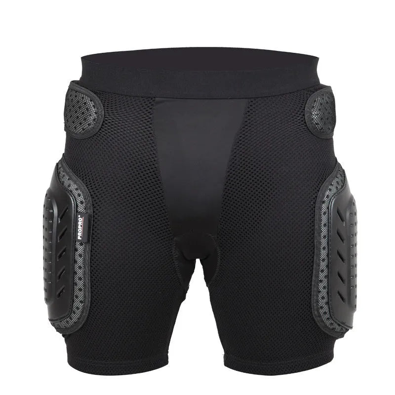 Black cycling hip protection pants with removable padding, shown in size L on an adult model.