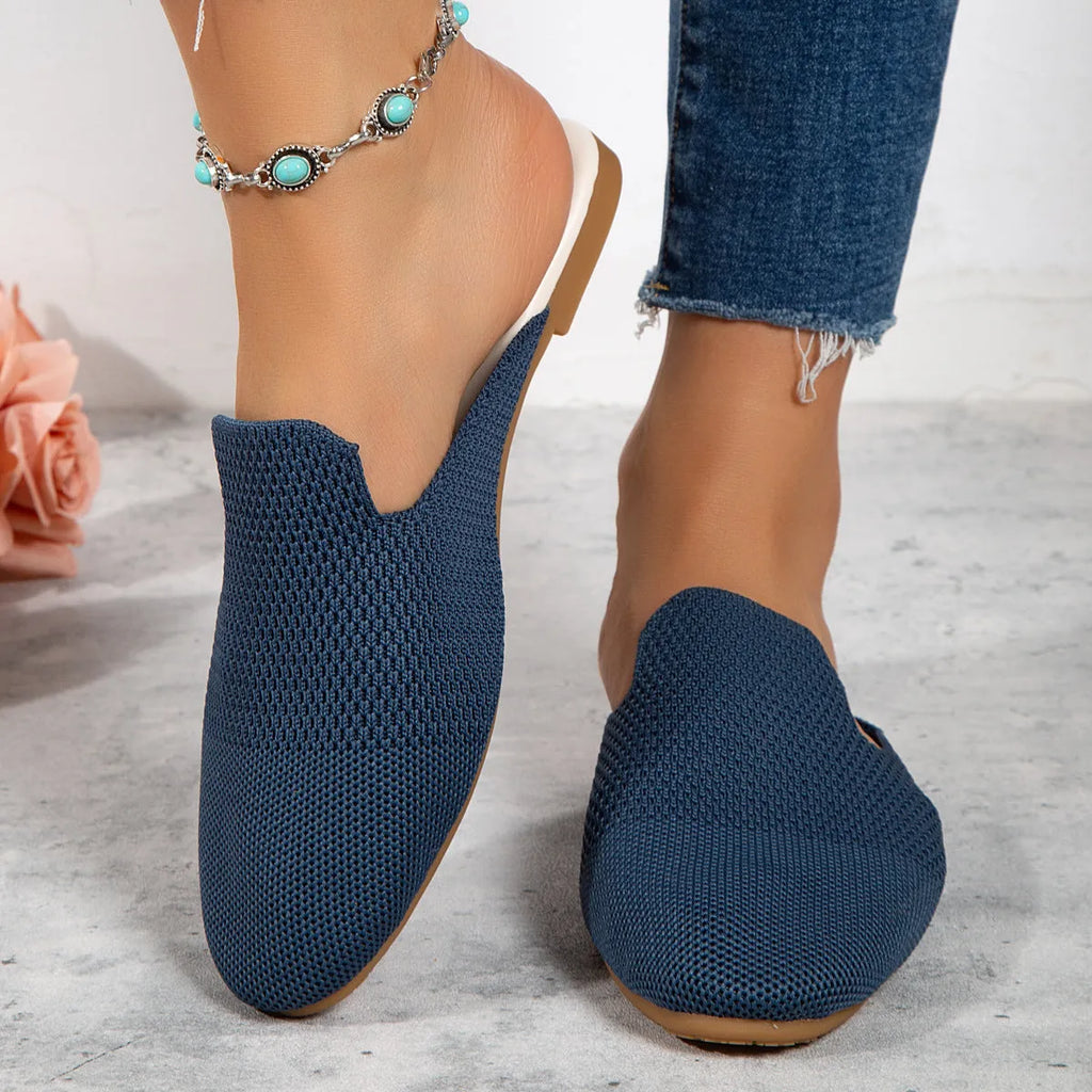 Mesh slip-on sandals in apricot colour with round toe design and rubber sole