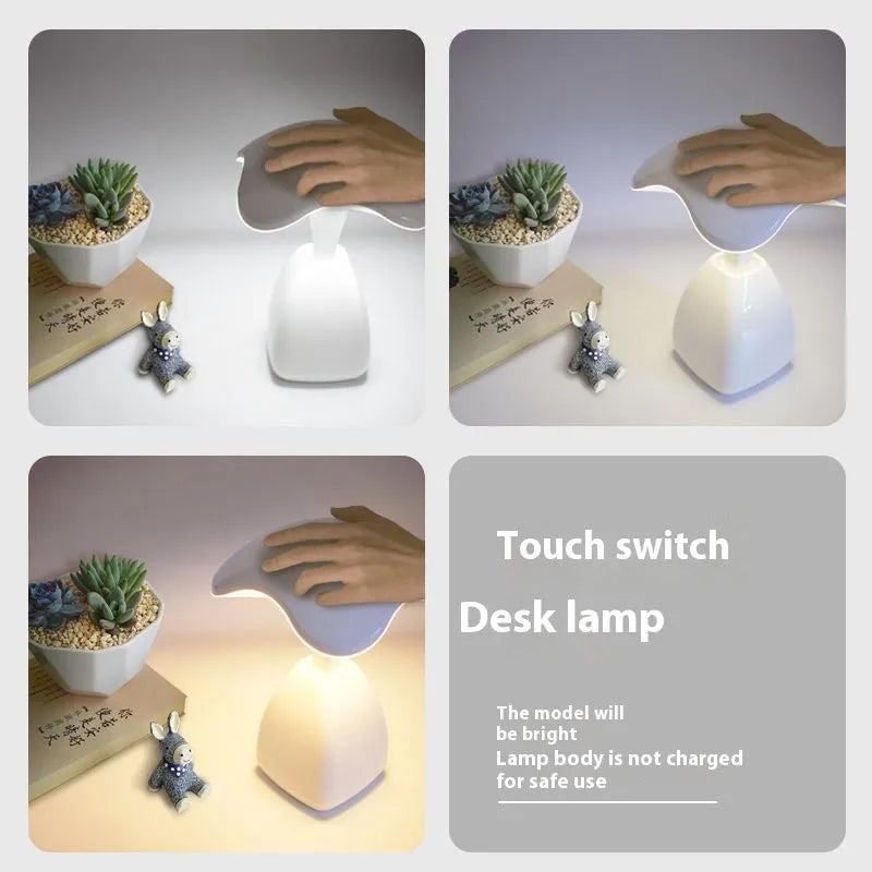 White modern LED desk lamp with touch controls and built-in battery for bedside use