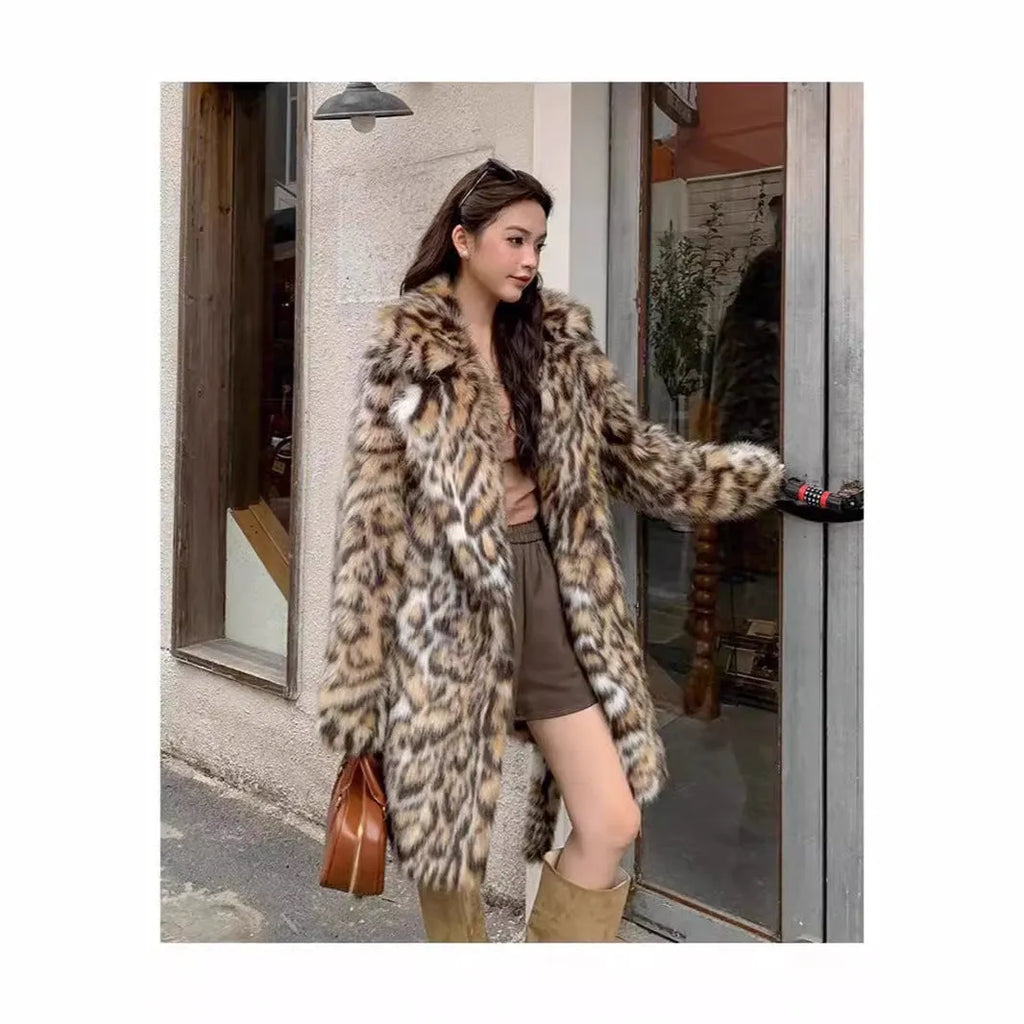 Women's artificial fur coat with collar in street fashion style showing pocket detailing
