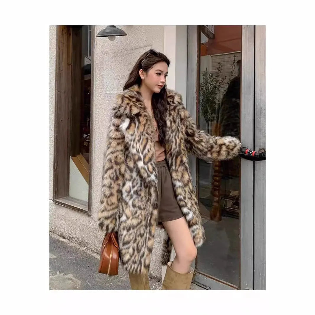 Women's artificial fur coat with collar in street fashion style showing pocket detailing