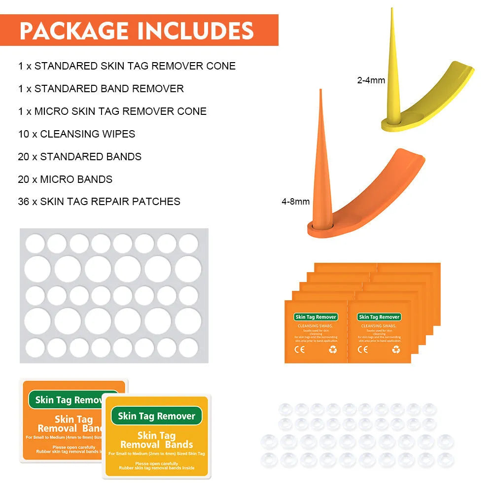 Orange yellow wart removal tool kit with two devices, rubber rings, alcohol swabs and accessories