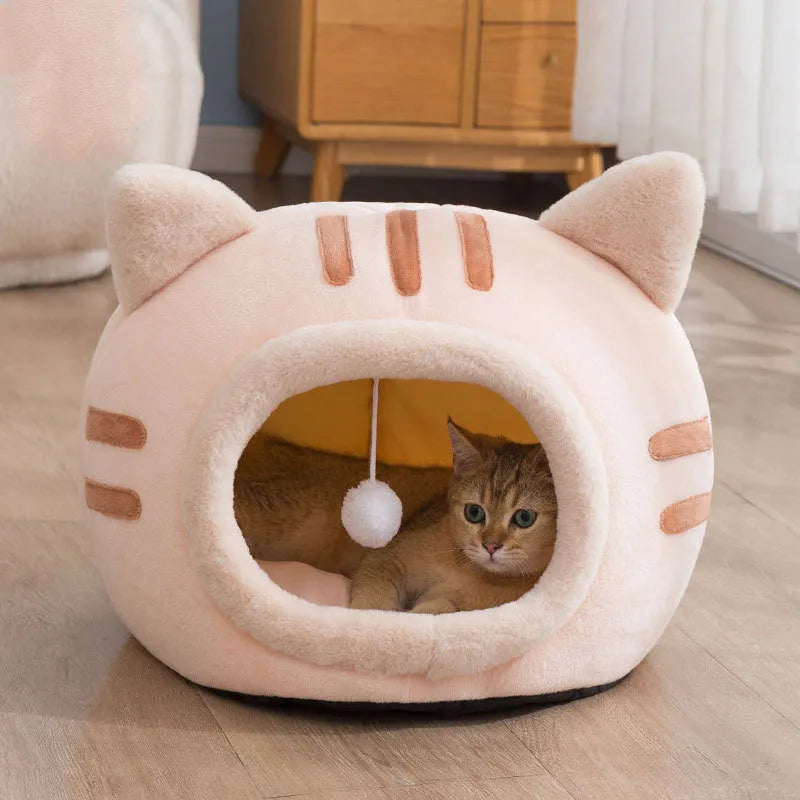 Semi-enclosed cat litter in crystal velvet and PP cotton, warm pet bed in pink, grey, or coffee, sizes S M L