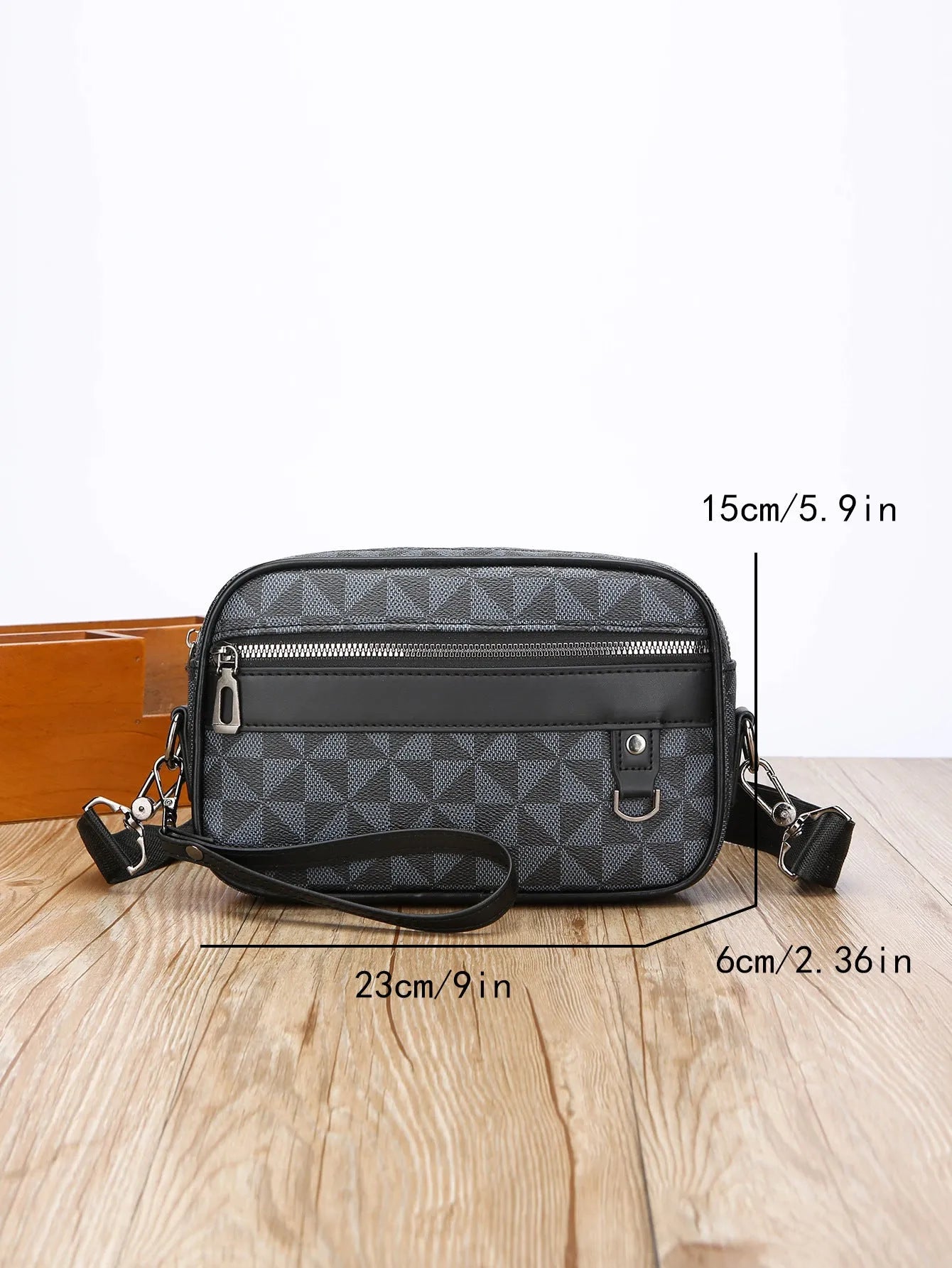 Geometric pattern men's messenger bag in PU material with shoulder strap and handheld option
