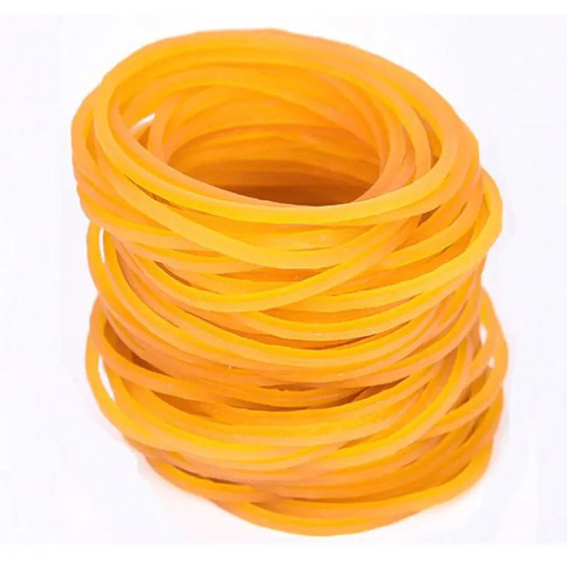 500g bulk pack of yellow rubber bands in various diameters including 25mm and 50mm for office use