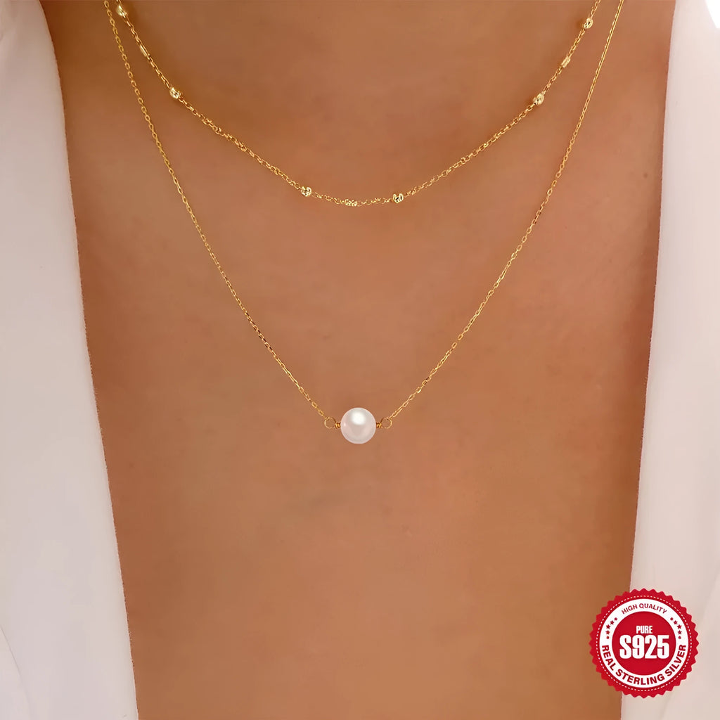 S925 sterling silver double layer pearl necklace with ball bead chain in gold colour option