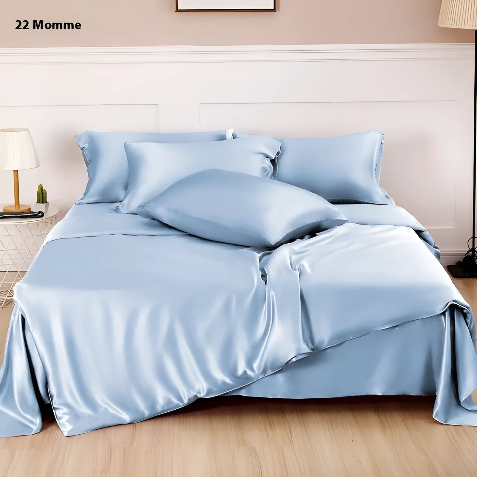 Double-sided solid colour silk duvet cover shown in multiple colour options.