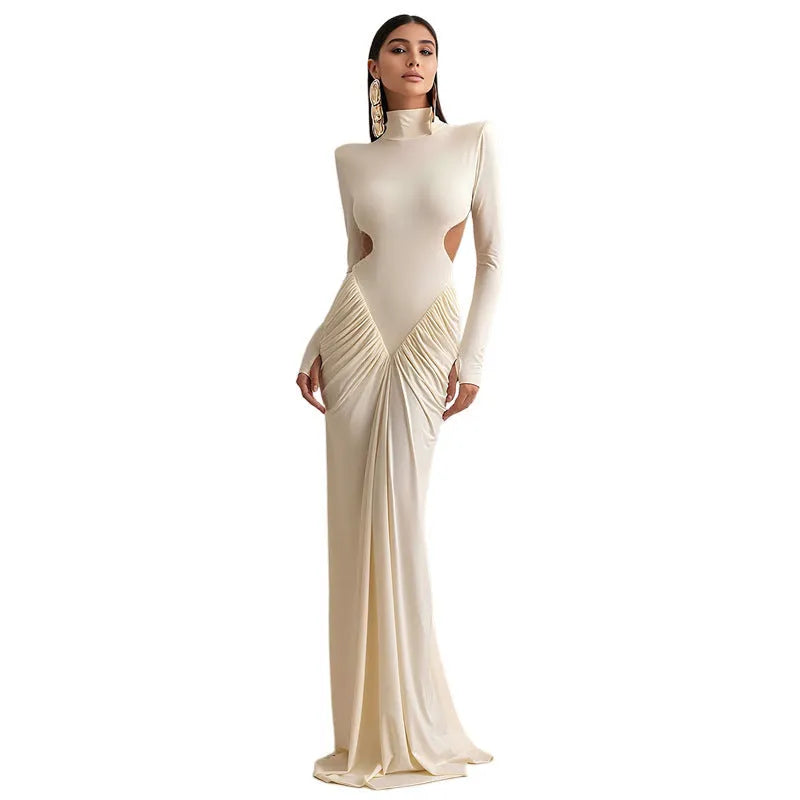 Women's long sleeve high collar slim fit dress with pleated backless design in multiple colour options