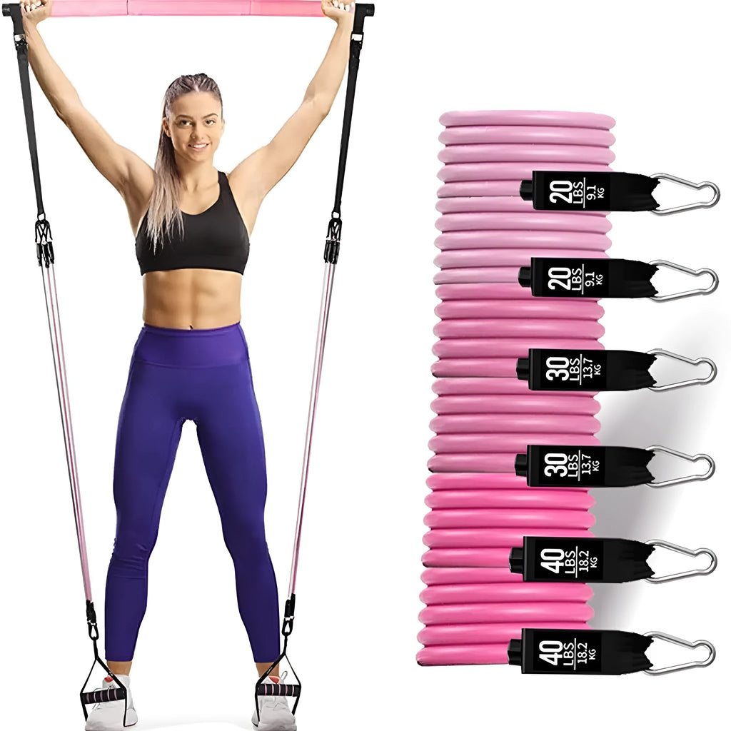 Yoga gymnastic bar with 180 pounds pink and black TPE resistance band pull rope set