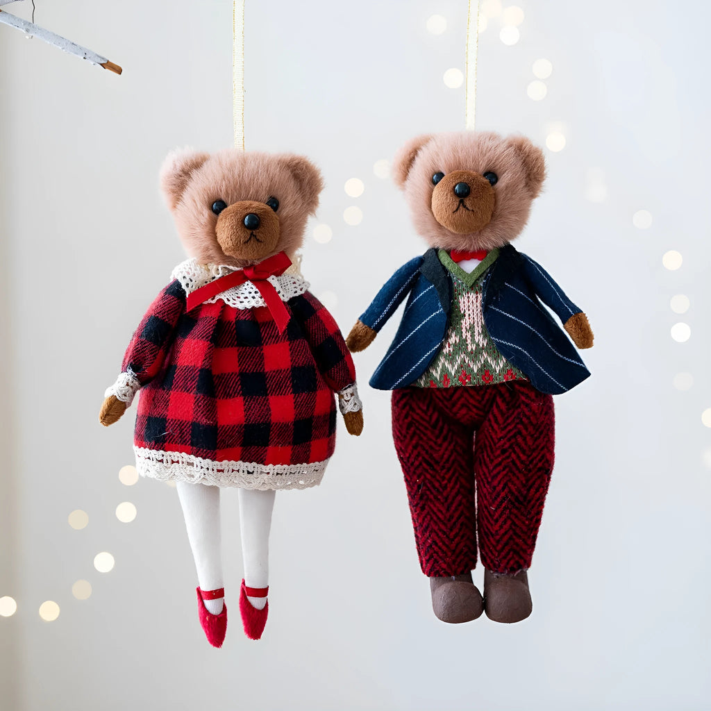 Princess bear and gentleman bear couple plush doll set with cotton plaid suit styling