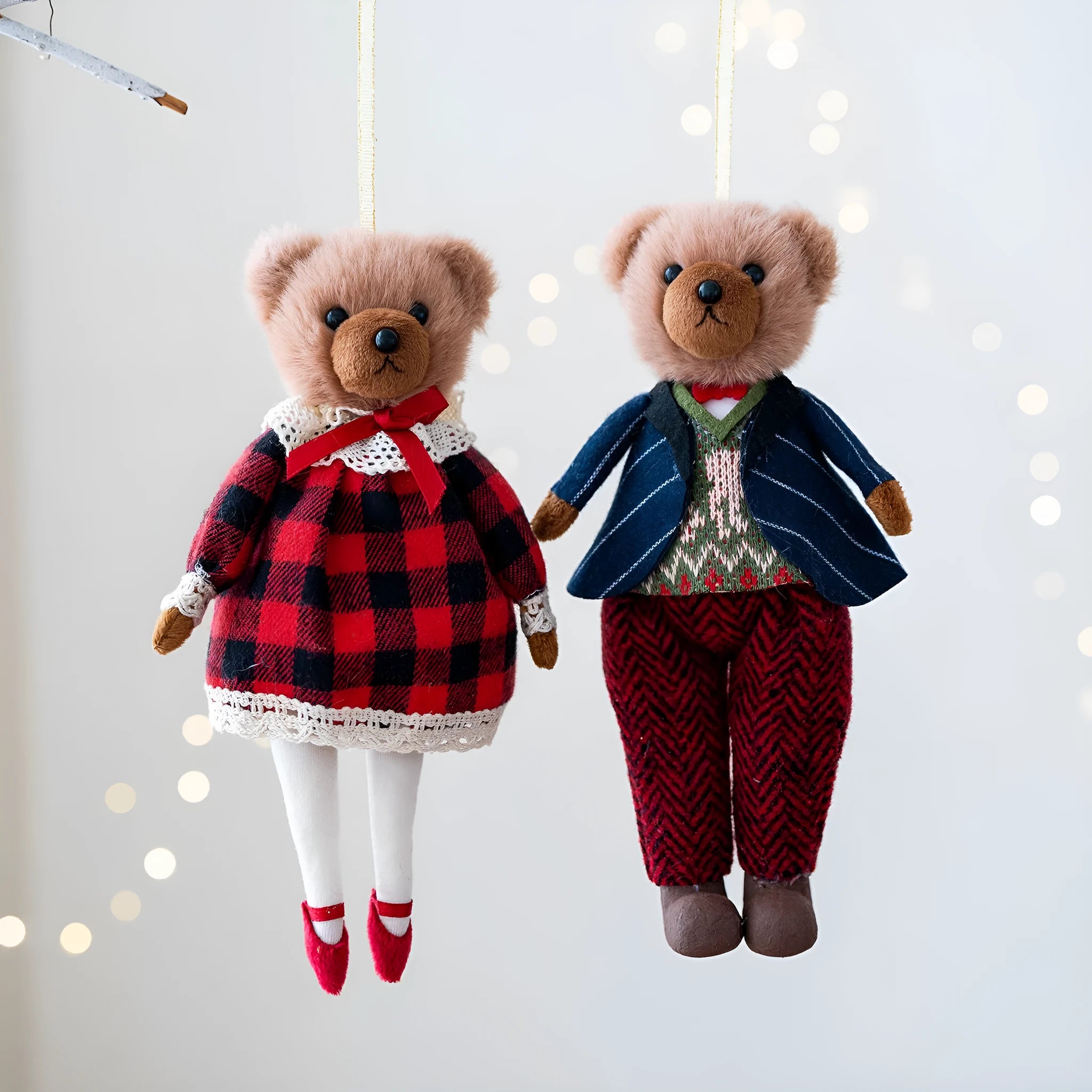 Princess bear and gentleman bear couple plush doll set with cotton plaid suit styling