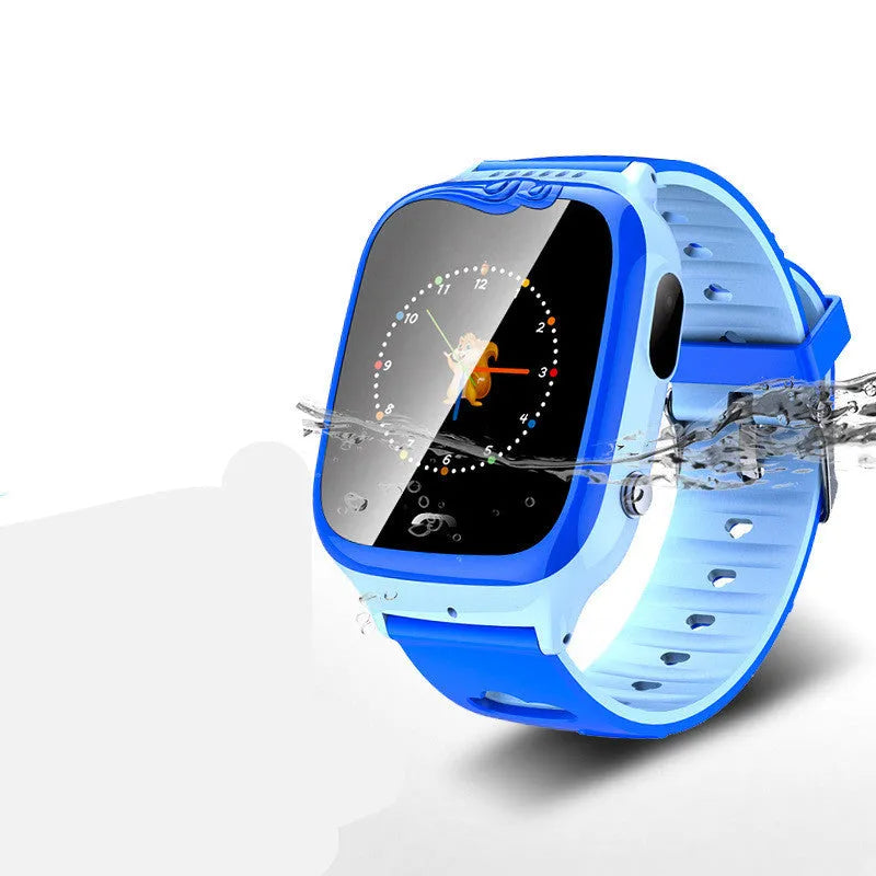 Children's smart phone watch with touch screen showing positioning interface on blue silicone wrist strap