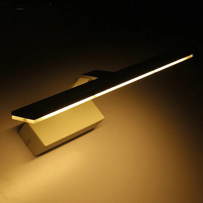 White wall-mounted LED mirror headlight with integrated mirror surface, shown in a bathroom setting.