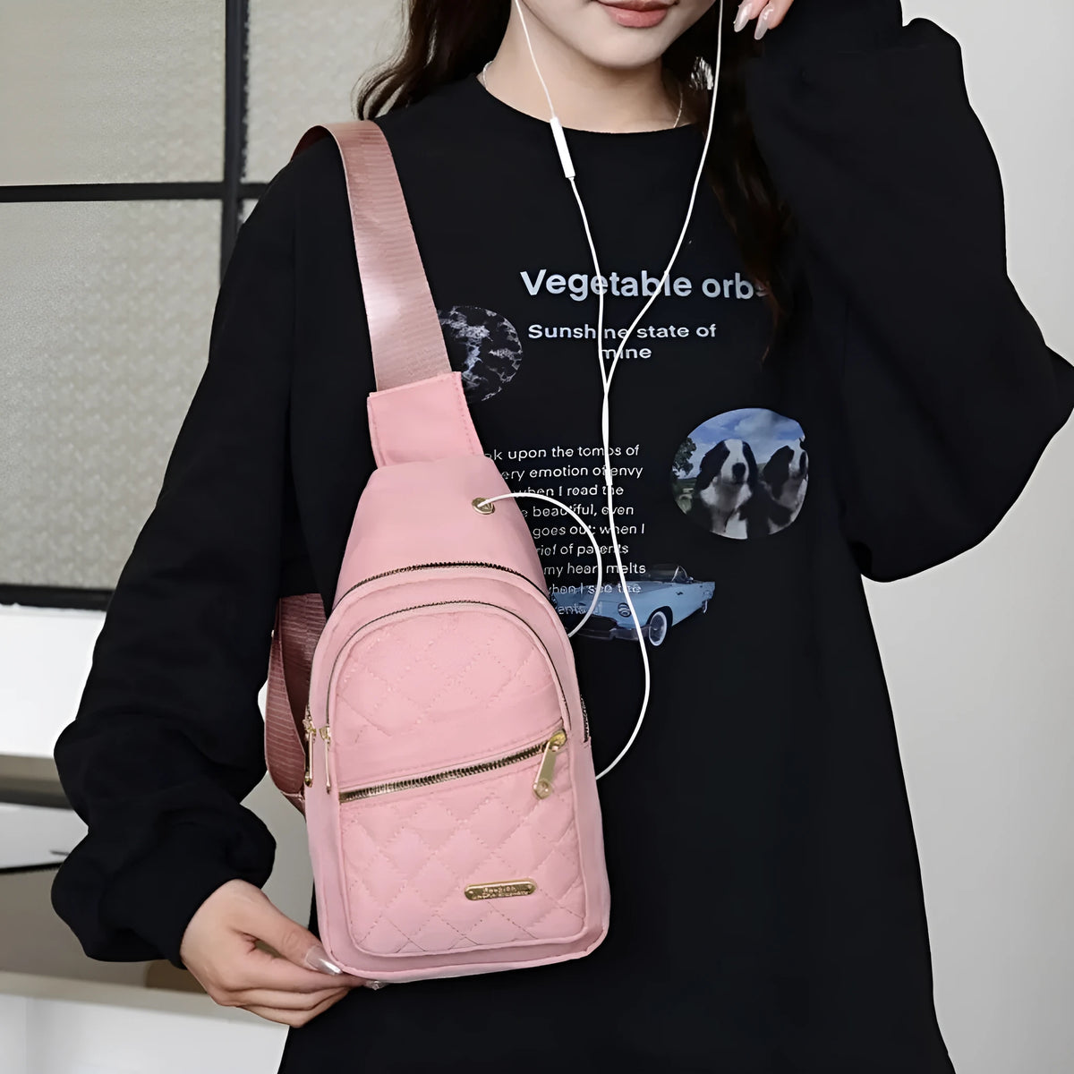 Crossbody sports chest bag in Oxford cloth with plaid pattern detail