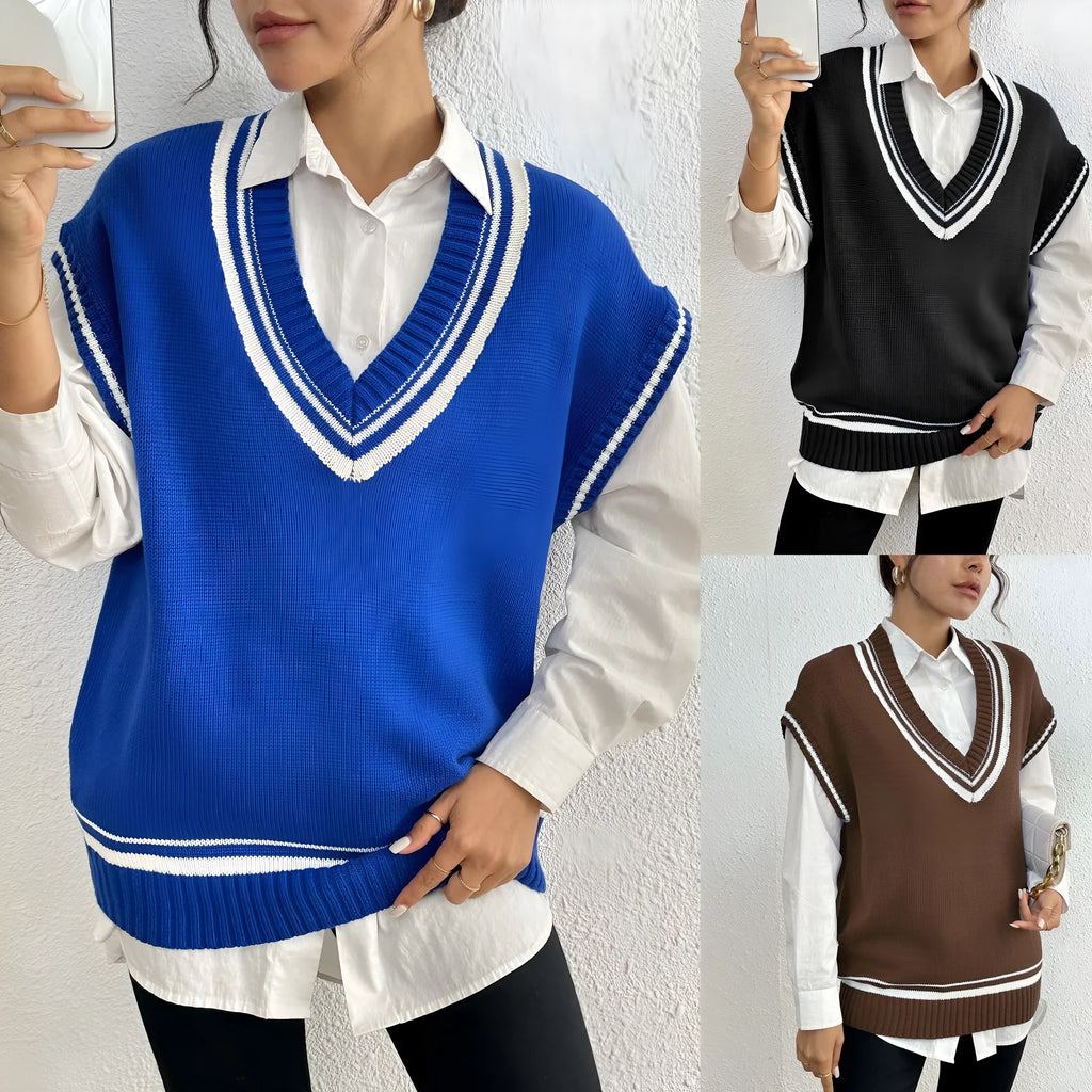 A loose-fit women's vest sweater in a college style, shown in a choice of colours.
