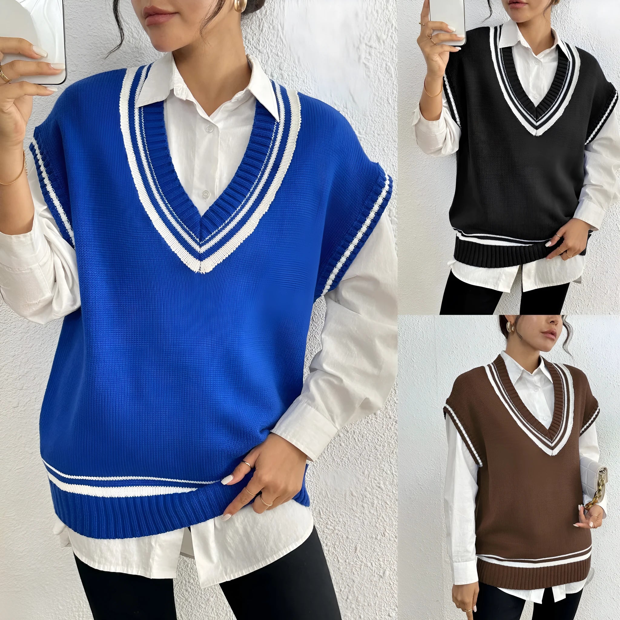 A loose-fit women's vest sweater in a college style, shown in a choice of colours.