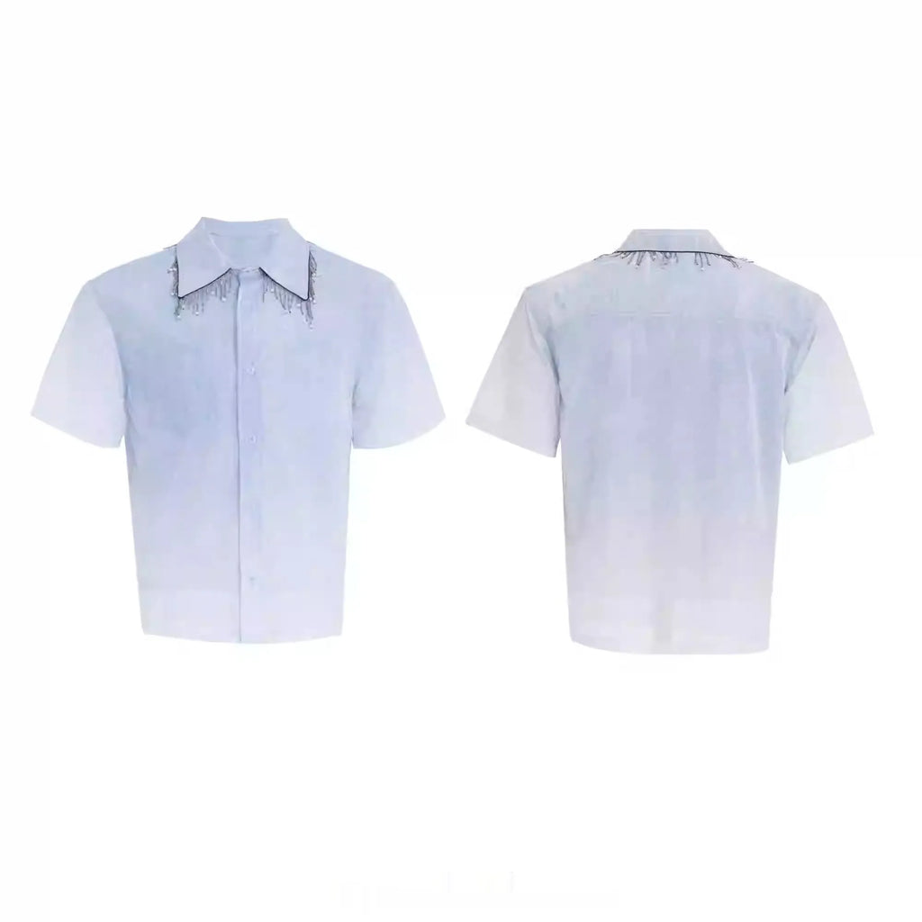 Men's blue and white gradient loose fit short sleeve casual shirt on a hanger.