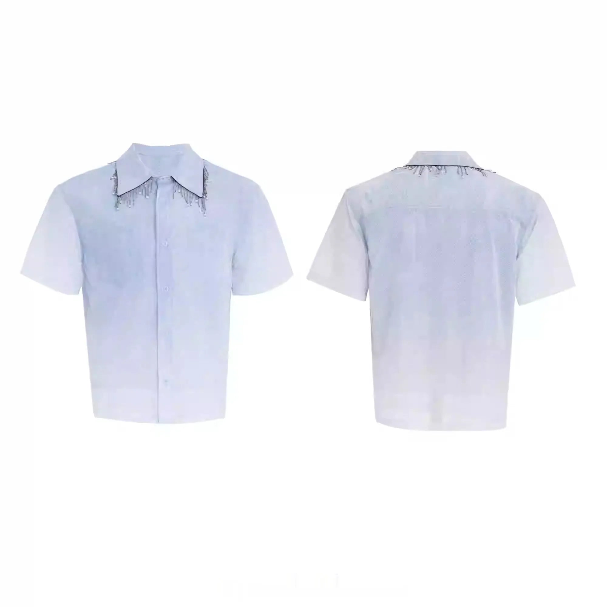 Men's blue and white gradient loose fit short sleeve casual shirt on a hanger.