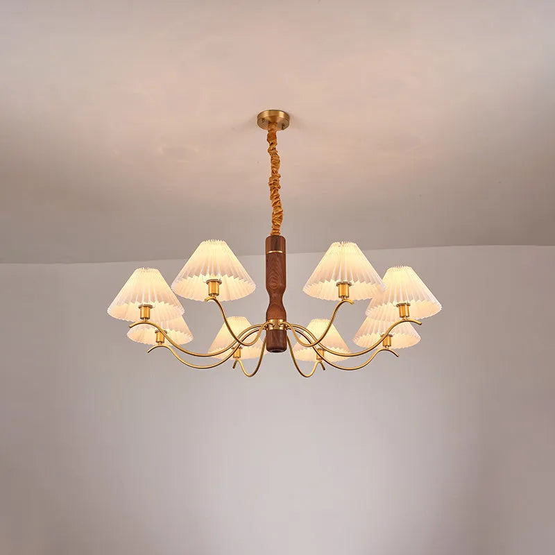 American Retro style walnut wood wall lamp with fabric shade and three light colour options.